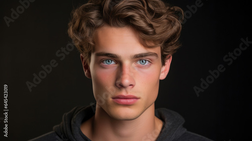 Portrait of a young man with natural makeup and natural styling.