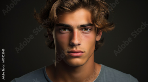 Portrait of a young man with natural makeup and natural styling.