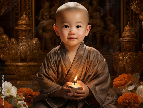 A little Chinese monk captivates with his serene expression. In mesmerizing and realistic oil painting, it conveys the wisdom and tranquility of a little monk in inner peace.