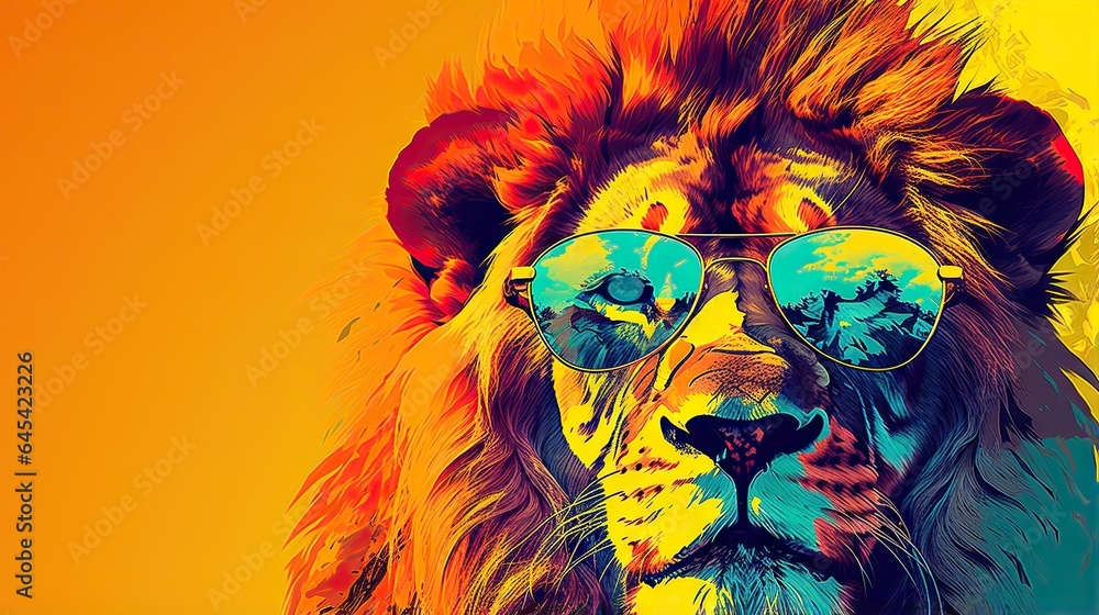  a lion wearing sunglasses and a hat with trees in the background.  generative ai