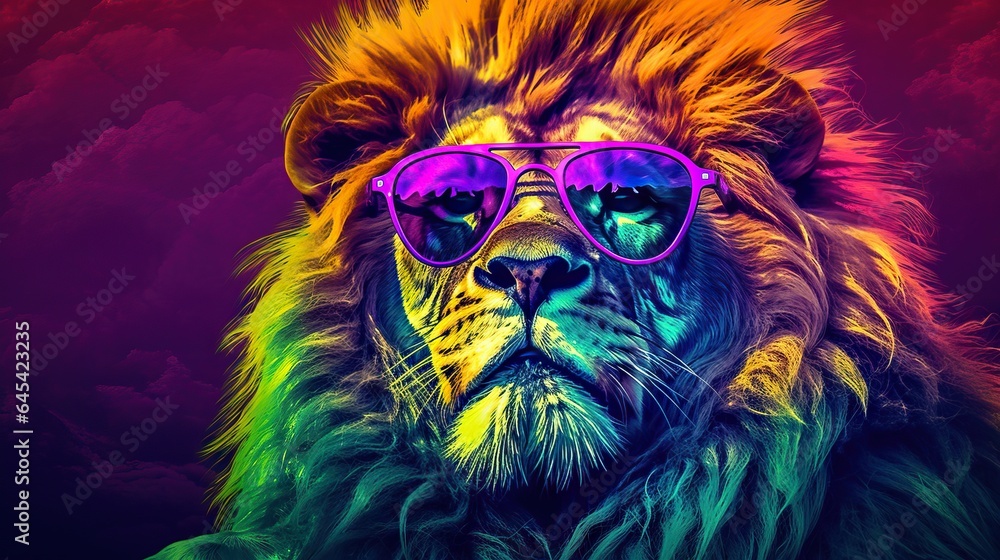  a lion with sunglasses on its face and a rainbow background.  generative ai