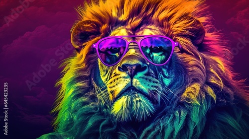  a lion with sunglasses on its face and a rainbow background.  generative ai