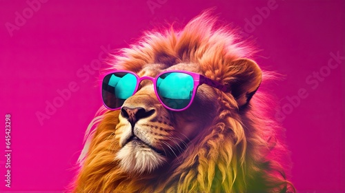  a lion wearing sunglasses with a pink background and a pink background.  generative ai © Shanti