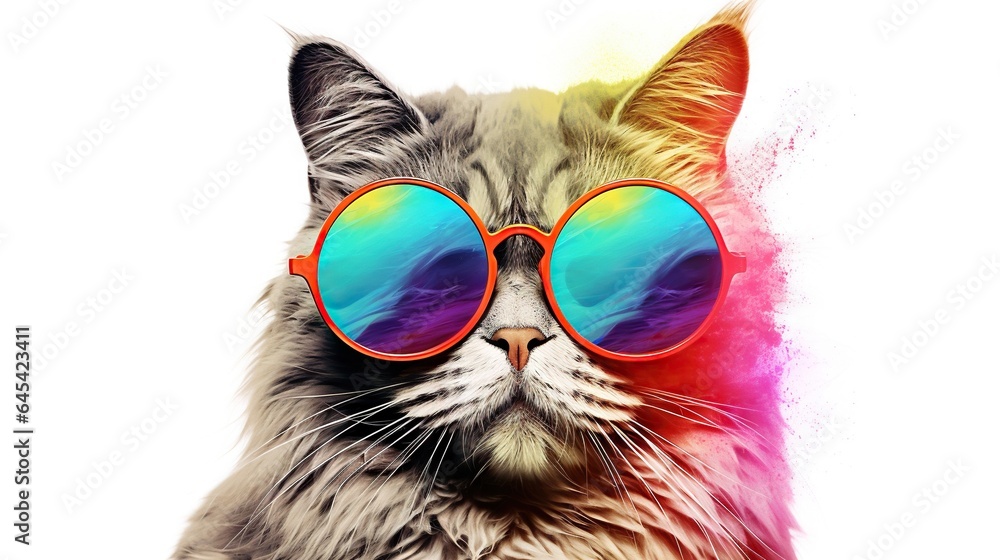 a cat with sunglasses on its face and a colorful background. generative ai a cat with sunglasses on its face and a colorful background. generative ai