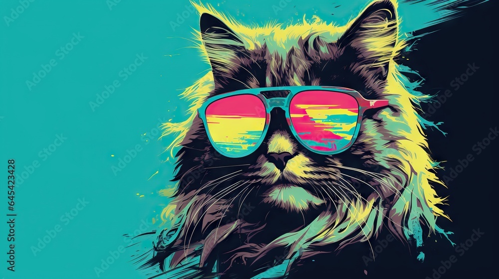  a cat with sunglasses on its head and a blue background.  generative ai