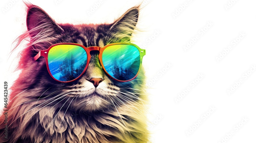  a cat wearing sunglasses with a rainbow reflection on it's face.  generative ai