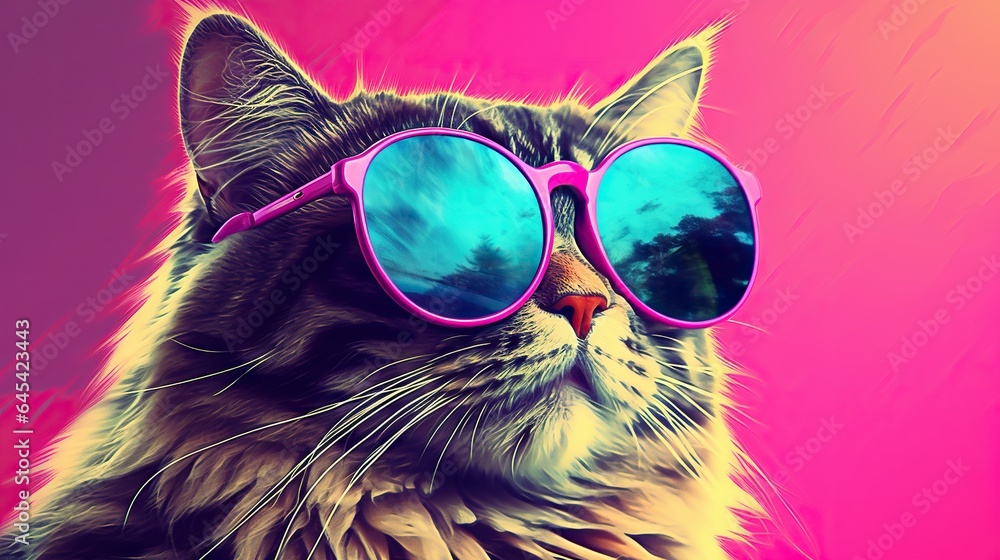  a cat wearing pink sunglasses and a pink background is shown.  generative ai