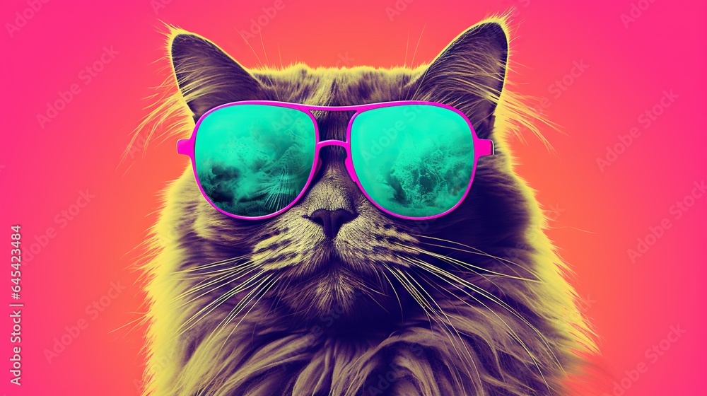  a cat wearing sunglasses with a pink background and a pink background.  generative ai