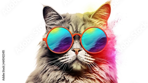  a cat with sunglasses on its face and a colorful background. generative ai