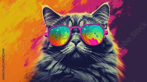  a cat with sunglasses on its face and a colorful background.  generative ai