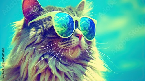  a cat wearing sunglasses with a blue sky in the background.  generative ai © Shanti
