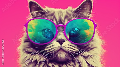  a cat wearing pink sunglasses with a sky in the background.  generative ai © Shanti