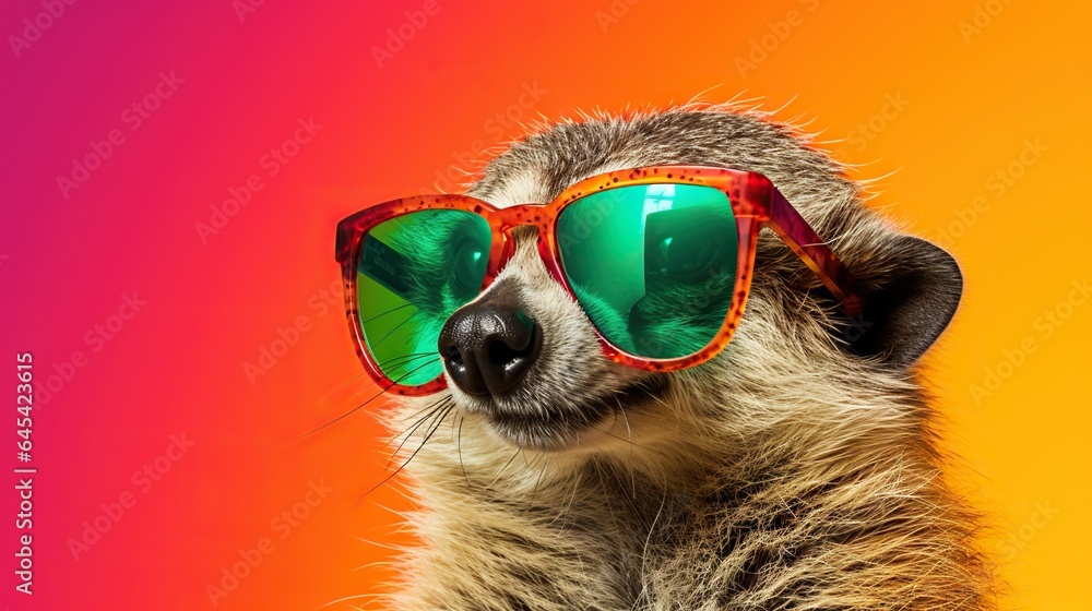  a raccoon wearing a pair of sunglasses with a colorful background.  generative ai