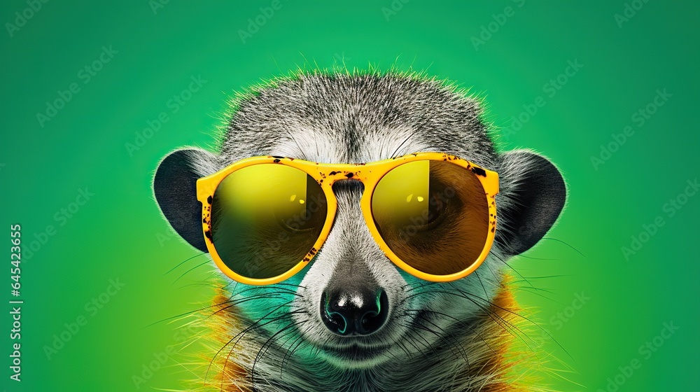  a raccoon wearing yellow sunglasses on a green background.  generative ai