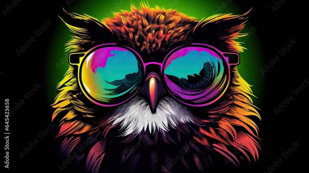  a colorful owl wearing sunglasses on a black background with a green background.  generative ai