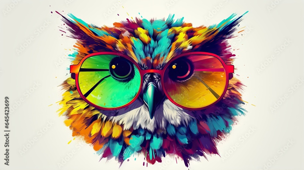  a colorful owl with glasses on its head and a white background.  generative ai