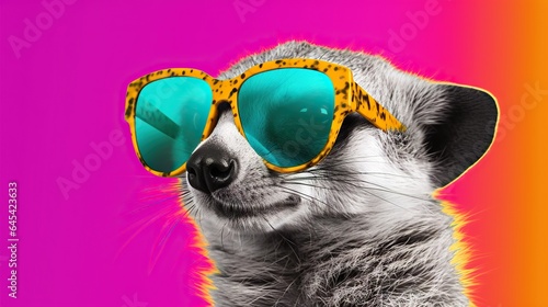  a raccoon wearing sunglasses with a pink background behind it.  generative ai