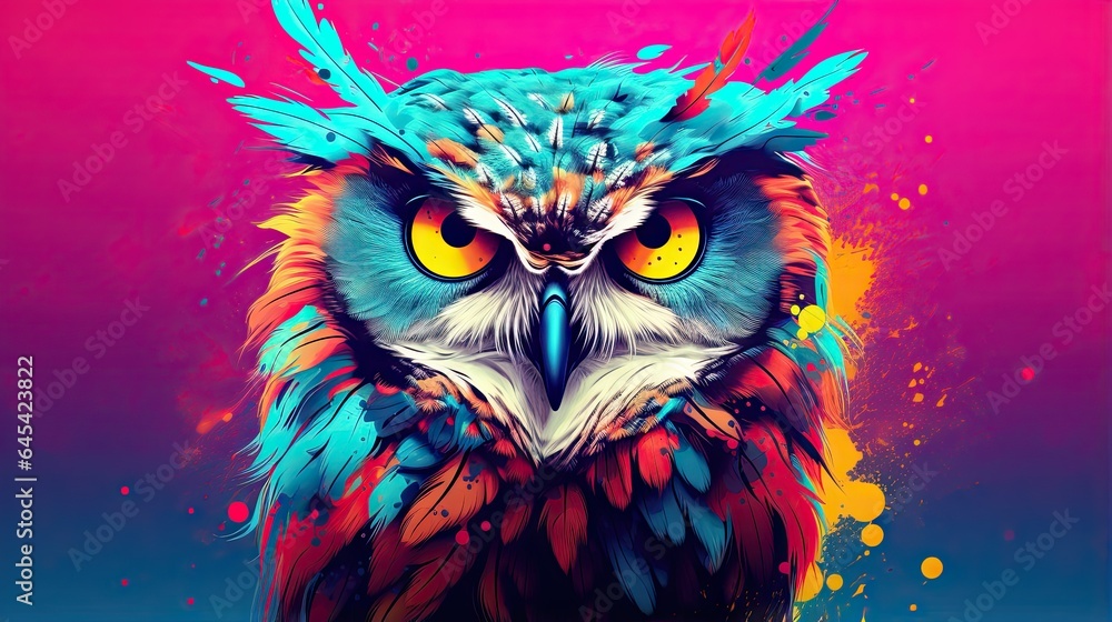 a colorful owl with yellow eyes on a pink and blue background. generative ai a colorful owl with yellow eyes on a pink and blue background. generative ai
