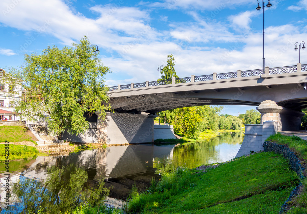 Fototapeta premium Trinity Bridge (Soviet Bridge) over the Pskova River, Pskov, Russia