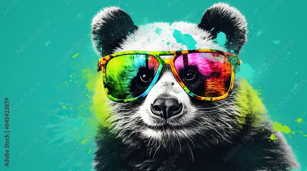  a panda bear wearing colorful sunglasses on a green and blue background.  generative ai