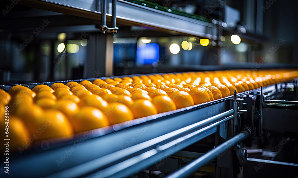 Vibrant oranges on a conveyor belt in a factory.
