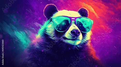 a panda bear wearing sunglasses with a colorful background behind it. generative ai