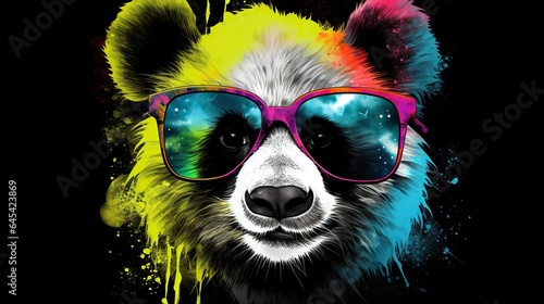  a colorful bear wearing sunglasses with a black background and a splash of paint. generative ai