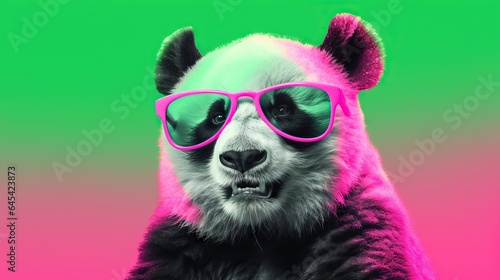  a panda bear wearing pink sunglasses and a green background with a pink and green background.  generative ai © Shanti