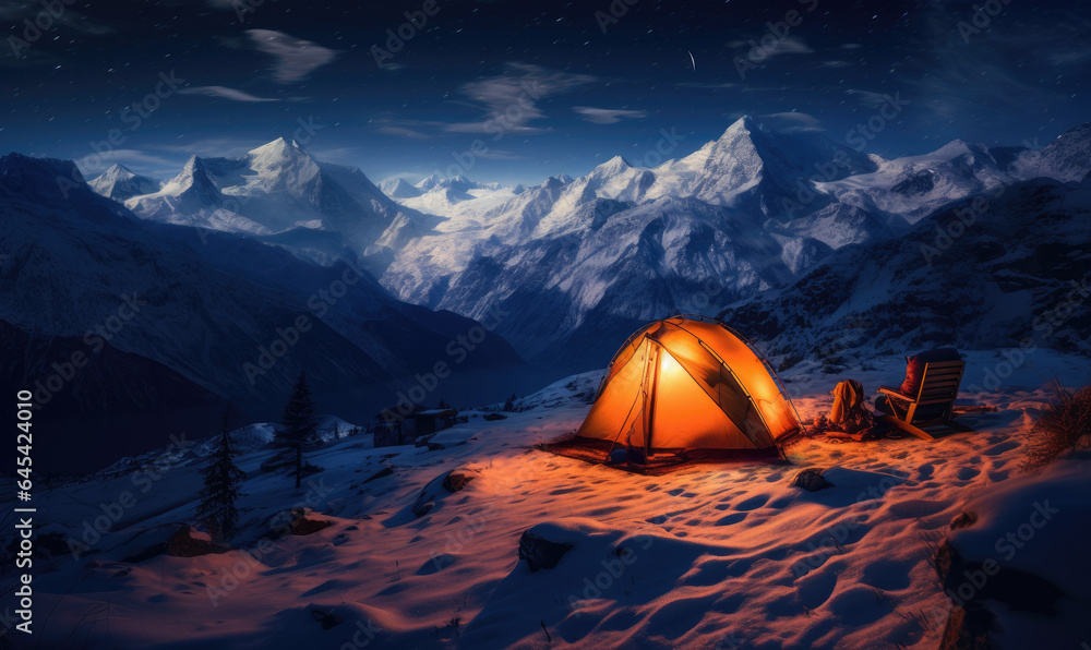 Illuminated tent in snowy mountains under a starry sky. A tranquil alpine camping moment capturing nature's vast splendor.