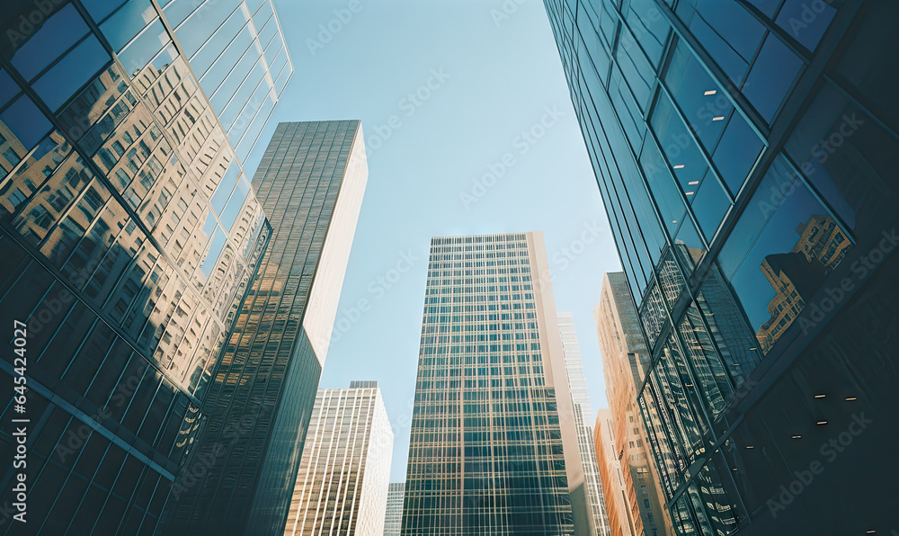 Top-down view of modern skyscrapers, captured on 35mm film. The urban landscape.