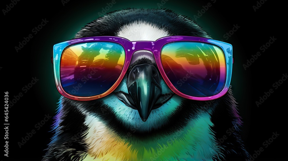  a colorful bird with sunglasses on it's head and a black background.  generative ai