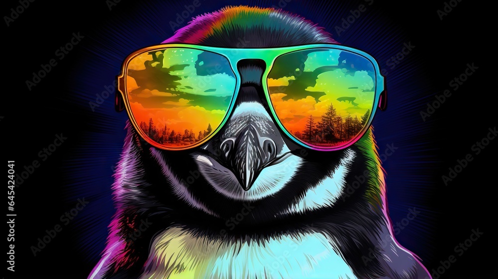  a penguin wearing sunglasses with a colorful sky in the background.  generative ai