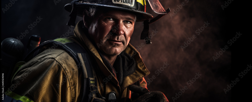 Portrait of a male firefighter on a dark background Portrait of a male firefighter on a dark background