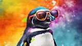  a penguin with sunglasses and a tie dye painting of a penguin.  generative ai