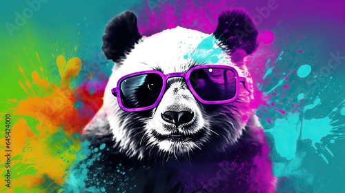  a panda bear with sunglasses on its face and a splash of paint.  generative ai