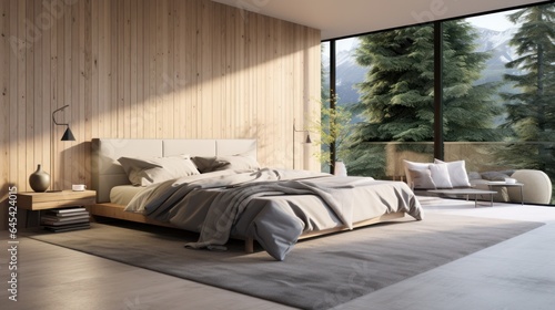 Interior of cozy minimalist bedroom in luxury villa or hotel. Decorative wall, wooden floor, comfortable bed, terrace, floor-to-ceiling windows with garden view. Ecostyle home design. 3D rendering.