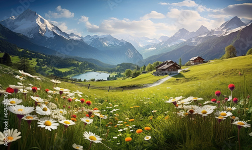 Breathtaking alpine landscape with vibrant wildflowers in the foreground and majestic mountains behind