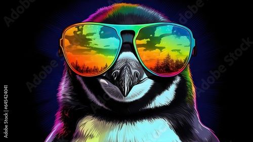  a penguin wearing sunglasses with a colorful sky in the background. generative ai