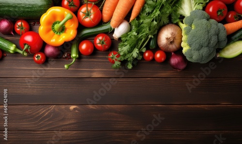 Vegetables on old wood table background. Top view. Vegetarian organic food banner.
