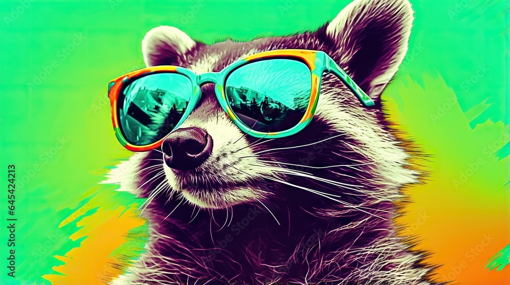  a raccoon with sunglasses on its head and a green background.  generative ai