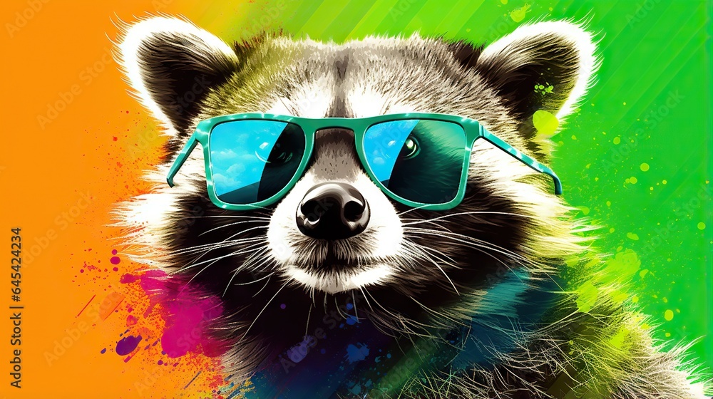  a raccoon with sunglasses on its head and a colorful background.  generative ai