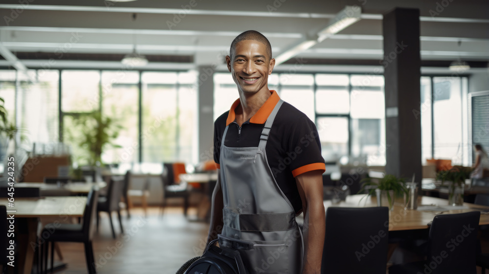 Portrait of a male cleaner against the background of a house or hotel Portrait of a male cleaner against the background of a house or hotel