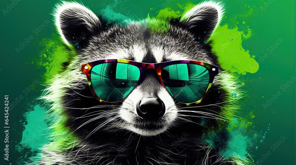  a raccoon wearing sunglasses with a green background behind it.  generative ai