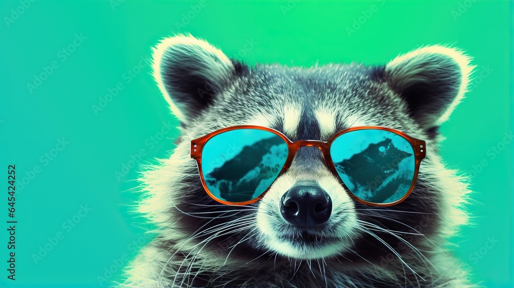  a raccoon wearing red sunglasses with a green background.  generative ai
