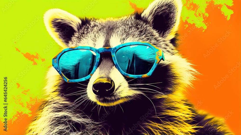  a raccoon wearing blue sunglasses and a yellow background.  generative ai