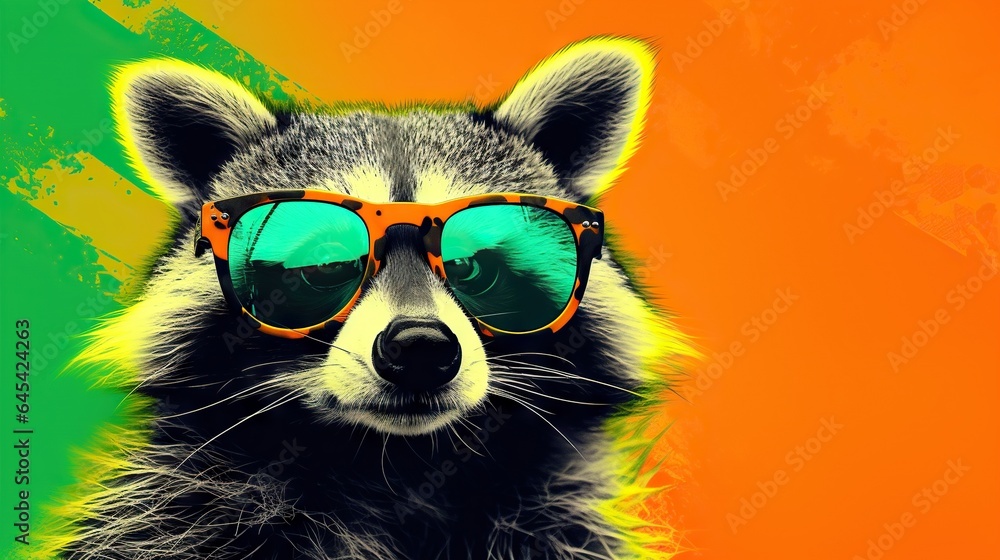  a raccoon wearing sunglasses with a colorful background behind it.  generative ai