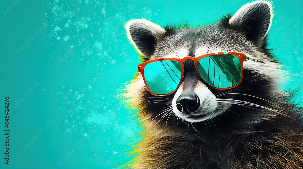  a raccoon wearing red sunglasses and a blue background.  generative ai