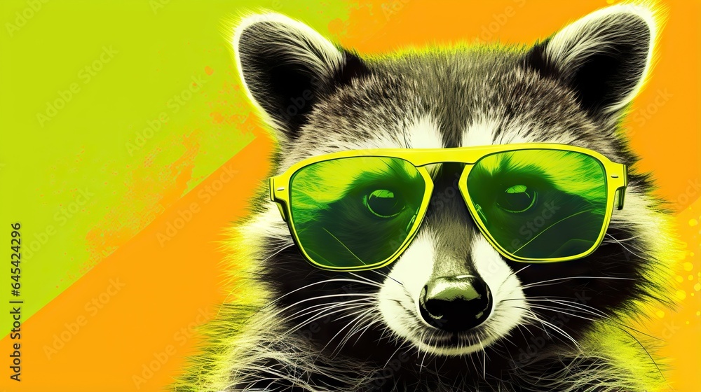  a raccoon wearing yellow sunglasses and a green background.  generative ai