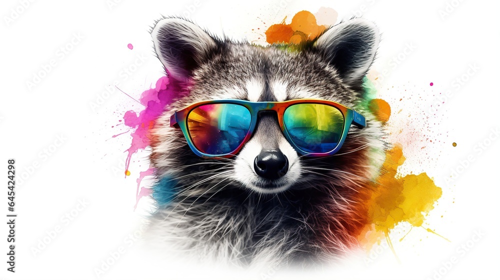  a raccoon wearing sunglasses with a splash of paint behind it.  generative ai