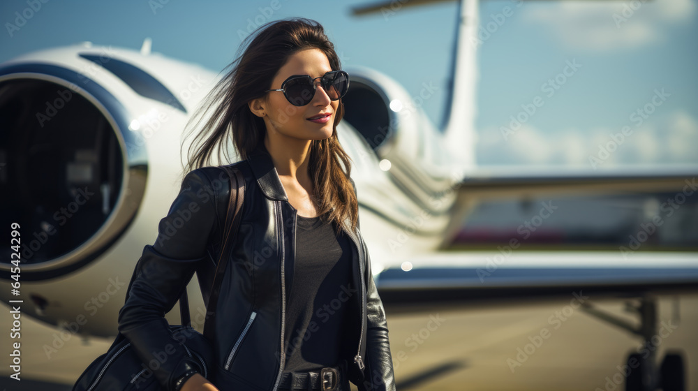 Young, successful woman stands outside waiting to board a flight on a private jet.